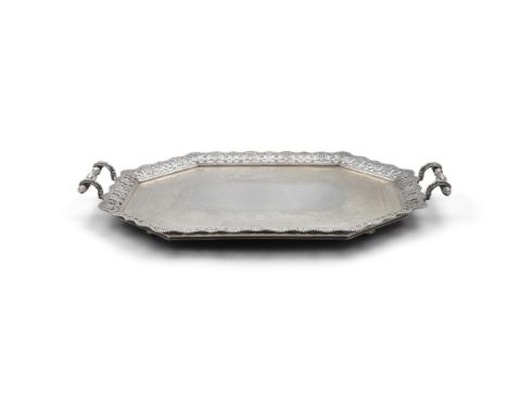 A LARGE SILVER TWO HANDLED SERVING TRAY, Sheffield 1894 , mark of Martin Hall &amp; Co, of octagonal form with cast pierced b