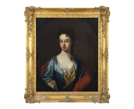 IRISH SCHOOL 18TH CENTURYPortrait of a Lady in a blue silk gown, half-length, within a feigned oval Oil on canvas, 77 x 63.5c