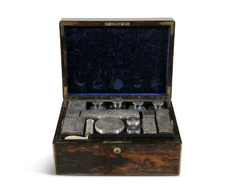 A 19TH CENTURY CORAMANDEL AND BRASS BOUND LADIES TRAVELLING VANITY CASE, the hinged lid with inlaid plaque inscribed 'John Ke