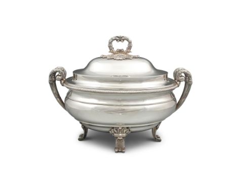 A LARGE GEORGE III SILVER TUREEN AND COVER,London c.1802, mark of Paul Storr, of oval form, the domed lid with acanthus cappe