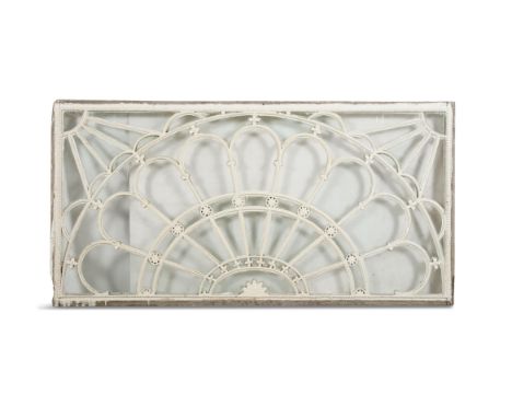 A GEORGIAN DEMI-LUNE FAN LIGHT WINDOW, contained within rectangular frame. 83cm high, 168cm wide