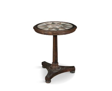 A VICTORIAN SPECIMEN MARBLE TOP CIRCULAR TABLE, the white ground with star pattern in alternating coloured marble enclosing a