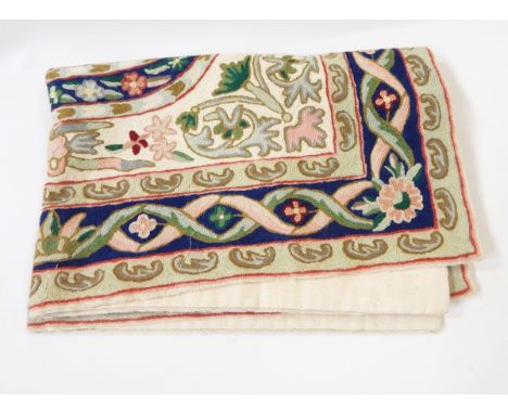 An embroidered woollen chain-stitch wall hanging, two tapestry tie-backs, a satin coverlet, kid gloves and a gent's tie (1 bo
