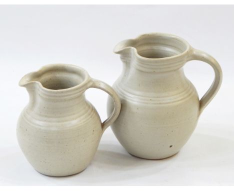 Winchcombe pottery stoneware water jug with white ground and speckle decoration, 15cm high and Winchcombe pottery stoneware w