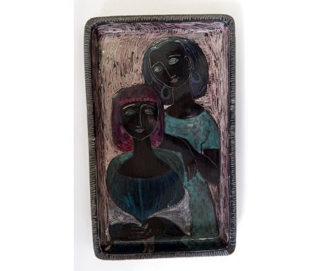 Hilkka-Liisa Ahola (b.1920)
Studio pottery faience shallow dish with incised decoration of two women in decorative painted an