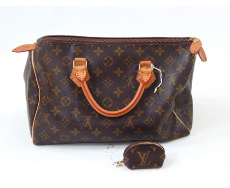Louis Vuitton style Speedy bowling bag, brown with tan Louis Vuitton design and matching miniature coin purse