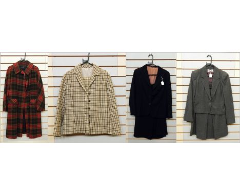 A vintage red, green and black check swing coat, a tweed suit, a vintage jacket and skirt, a Hardy Amis grey wool suit and a 