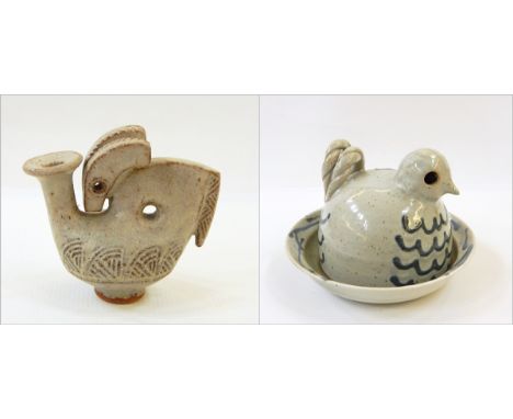 Salt stoneware glazed oil lamp of goat form, 10cm high and stoneware chicken pattern butter dish with blue line decoration, 1