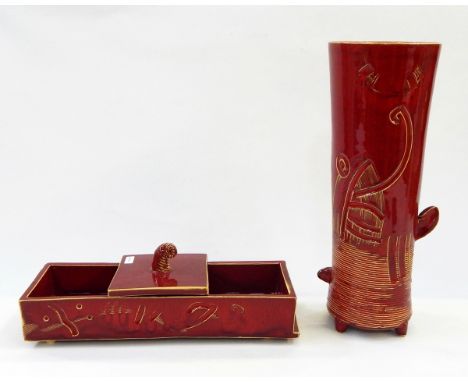 VA red vase with incised decoration and red trinket box with similar decoration 