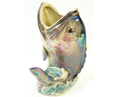 Wembley ceramic lustre vase in shape of fish, 28cm high 