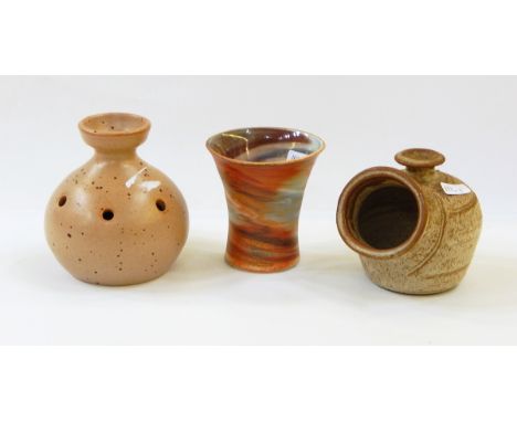 Vallauris ceramic cylindrical vase with brown speckled glaze, 12cm high, Jan Whitley stoneware salt pot, 11cm high and 20th c