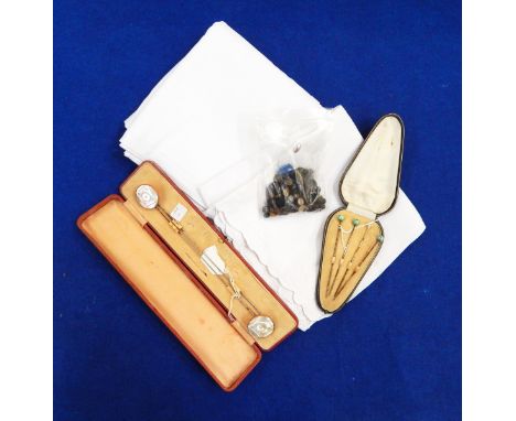 A quantity of linen tableware including damask tablecloths, hand towels, napkins, etc., hat pins in original box,  mother-of-
