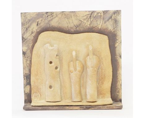 John Maltby (b.1936)
Studio stoneware composition stylised abstract of man and woman beside rock pierced with holes, all moul