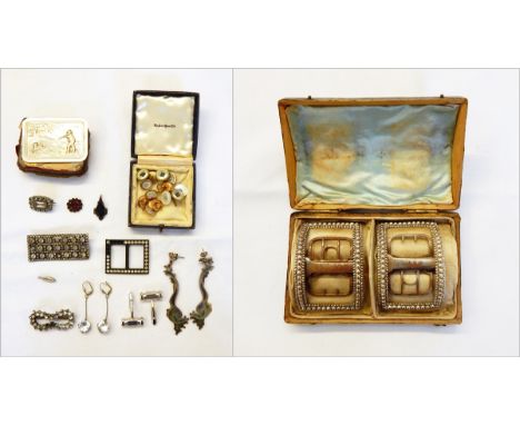 Pair of Georgian Eleys silver and cut steel buckles hallmarked 1818, cased, quantity of studs diamante, mother pearl and meta