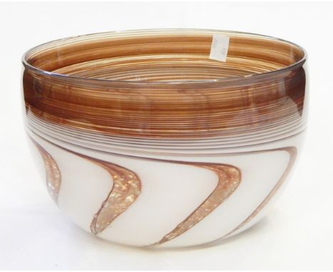 20th century glass bowl having mushroom and white line border with whorl panel design to the body, 22.5cm diameter 