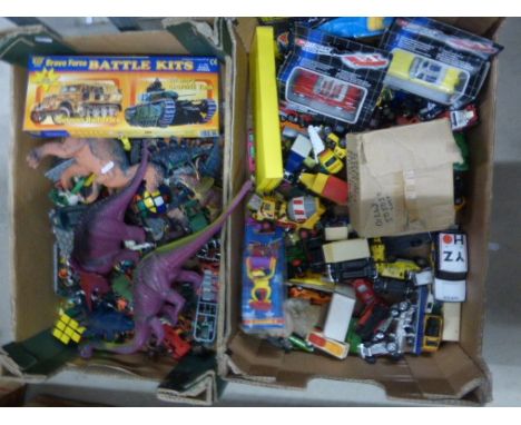 Box of Mostly Loose Die Cast Vehicles Including Lesney, Corgi, Matchbox Plus Box of Plastic Figures With Some Dinosaurs