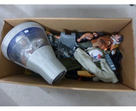 Box of Action Man Including 6 Dolls, Accessories, Weapons, Space Pod Etc