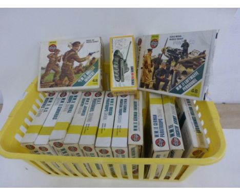 13 Vintage boxed Airfix HO/OO WWII soldiers including US Marines, British Infantry, Gurkhas, Afrika Korps, Japanese Infantry,