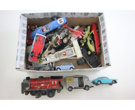 21 Mixed Die Cast and Plastic Vehicles Including Norev, Lucky, Minialuxe, Dinky Etc plus a Clockwork Hornby O Gauge Engine