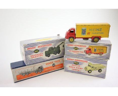 Three boxed Dinky Supertoys including 923 'Heinz' Big Bedford Van, 661 Recovery Tractor, 965 Euclid Rear Dump Truck plus a bo