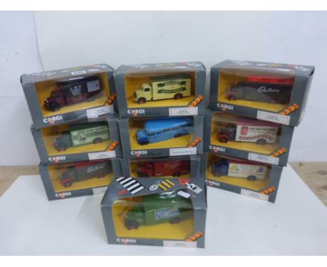 9 Boxed Corgi Classics Bedford O Series Vans Including Cadbury, Gilette and Millers Baking Powder Etc, Plus Bedford Type OB C