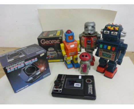 Boxed CGL George Computer Robot Boxed Grandstand Astro Wars Game plus 3 Plastic Robots, a Smash Robot and a Tomy Demon Driver