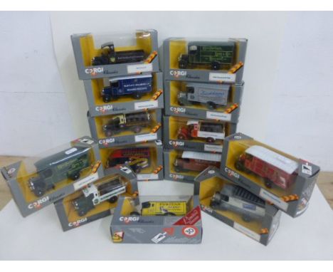 Thirteen boxed Corgi Classics Thornycroft vehicles including Carlsberg, W&R Jacob & Co, Macfarlane x2, Leda Salt, Tooheys Pil