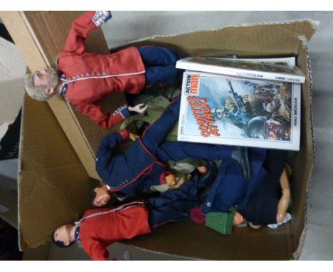 Box of vintage Action Man including 6 Dolls, clothing, accessories and body parts plus 5 Action Man books