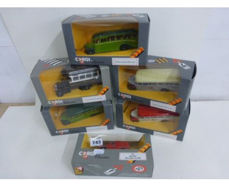 Six boxed Corgi Classics including C858/6 Thornycroft 'J' Type Bus and 957 Royal Mail Morris