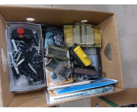 Box of Hornby O gauge model railway including 4 wagons, engine part, cross-road etc