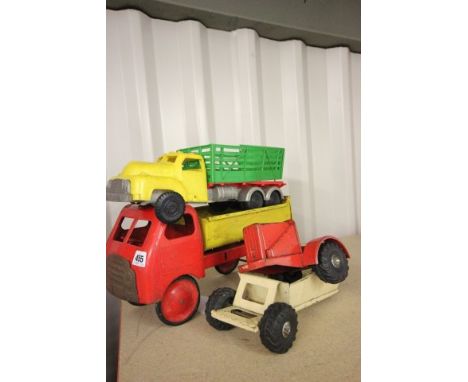 Vintage tin plate truck, a tin plate trailer and a tractor (missing front wheel) plus a plastic vehicle