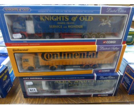 Three boxed Corgi Ltd edn 1:50 haulers including CC12414 Alex Anderson, 75405 Knights of Old and 75802 Continental all with c