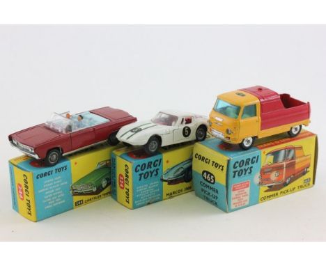 Three boxed Corgi die cast vehicles including 324 Marcos 1800 GT with Volvo engine in white and red interior with driver (vg,