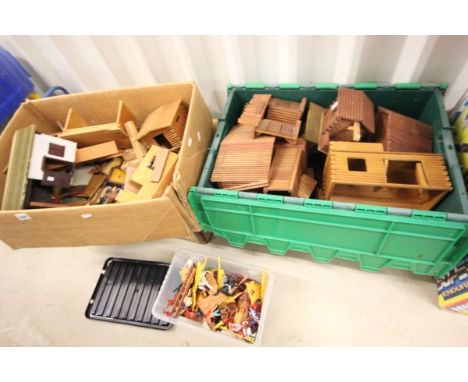 Large Wooden Fort and Town with Box of Timpo Plastic US Soldiers, Indians, Horses and Accessories plus Boxed Scalextric Set