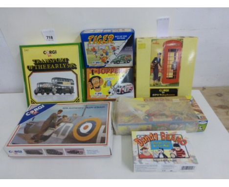 Seven boxed Corgi vehicles sets including 50th Anniversary Battle of Britain, Dandy Desperate Dan, Tiger Roy of the Rovers, T