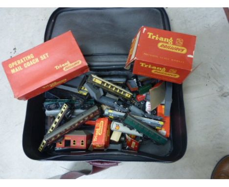 Suitcase of OO gauge model railway items including rolling stock, boxed accessories, engine etc