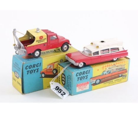 Boxed Corgi 417 Land Rover Breakdown Truck (gd with some paint loss, vg box) and boxed Corgi 437 Superior Ambulance on Cadill