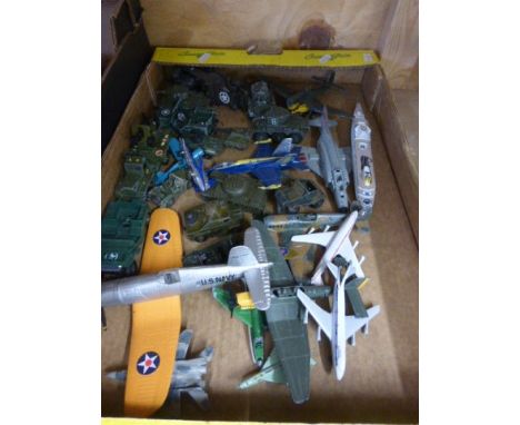 Box of play worn military vehicles and planes including Corgi, Dinky etc      