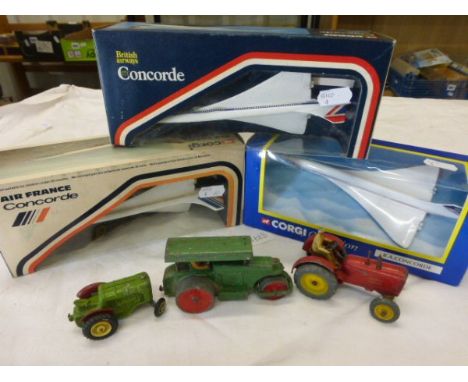 3 boxed Corgi die cast Concordes including British Airways 650, Air France 651 and 3 playworn die cast vehicles including Din