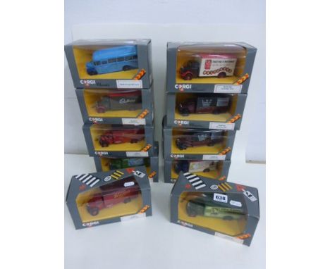 9 Bioxed Corgi Classics Bedford O Series Vans Including Solidox LMS Cadbury Etc, Plus Bedford Type OB Coach