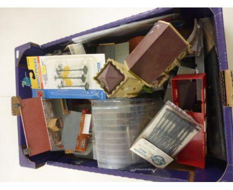Box of numerous OO gauge trackside buildings, mainly plastic, in vg condition plus un-painted passengers and un-used Light-Up