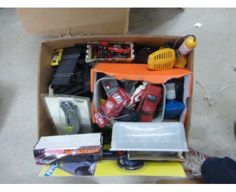 Box of Scalextric and Slot Car Accessories Including Vehicles, Controllers, Track Etc