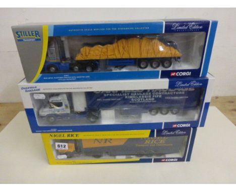 Three boxed Corgi Ltd edn 1:50 haulers including CC12811 Oakfield Haulage, 75605 Nigel Rice and 76801 Stiller Transport all w
