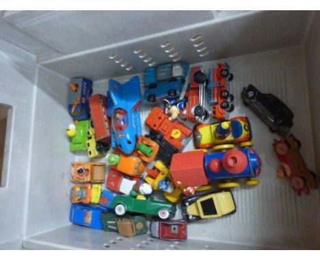 26 Play worn die cast vehicles many TV related including Corgi Juniors Batmobile, matchbox Noddy, ESCI Snoopy vehicle etc    