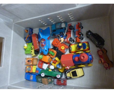 26 Play worn die cast vehicles many TV related including Corgi Juniors Batmobile, matchbox Noddy, ESCI Snoopy vehicle etc    