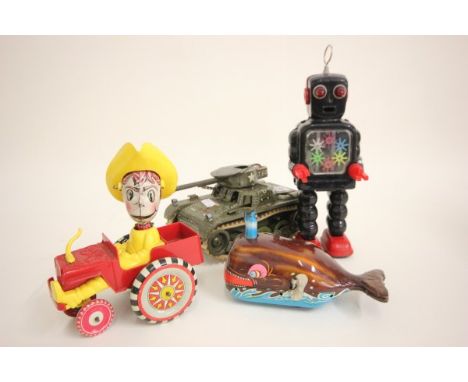 Four tin plate toys including KO Japan Billy the Ball Blowing Magic WHle, Western Germany Gama Tank, KO Japan Robot and a Dri