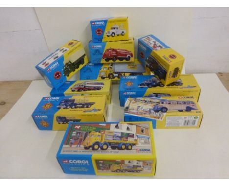 Ten boxed Corgi Classics vehicles including 09802 ERF 8 Wheel Rigid August 1995 History of Corgi, three Emergency Services (3