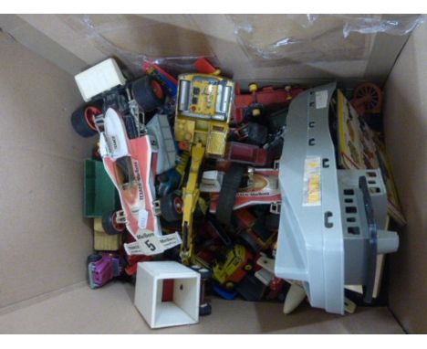 Box of vintage play worn die cast vehicles including Dinky, Matchbox, Corgi etc