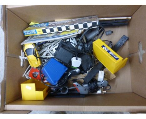 Box of Scalextric Items Including Cars, Controllers, Track, Transformer and Boxed Trackside Accessory Pack 