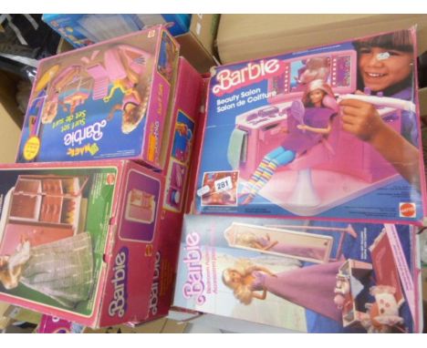 Eight boxed Mattel Barbie play sets including Living Room, Surf Set, Dream Kitchen, Beauty Salon, Armoire, Living Room Accent